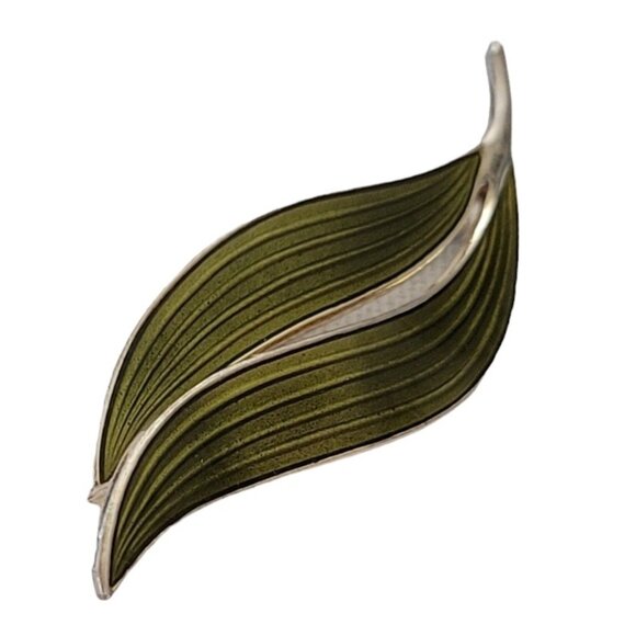 Aksel Holmsen Norway Sterling 925S Green Enamel Leaf Duo Pin, Signed L47 - Picture 4 of 9
